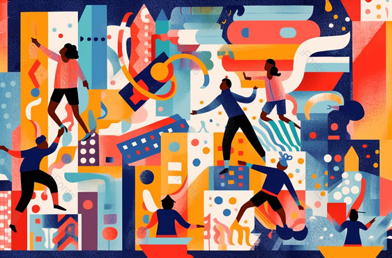 儿童节彩色人群狂欢舞蹈城市升空欢乐多彩平面插画,插画/手绘图,插画/手绘图库,插画/手绘图下载,插画/手绘